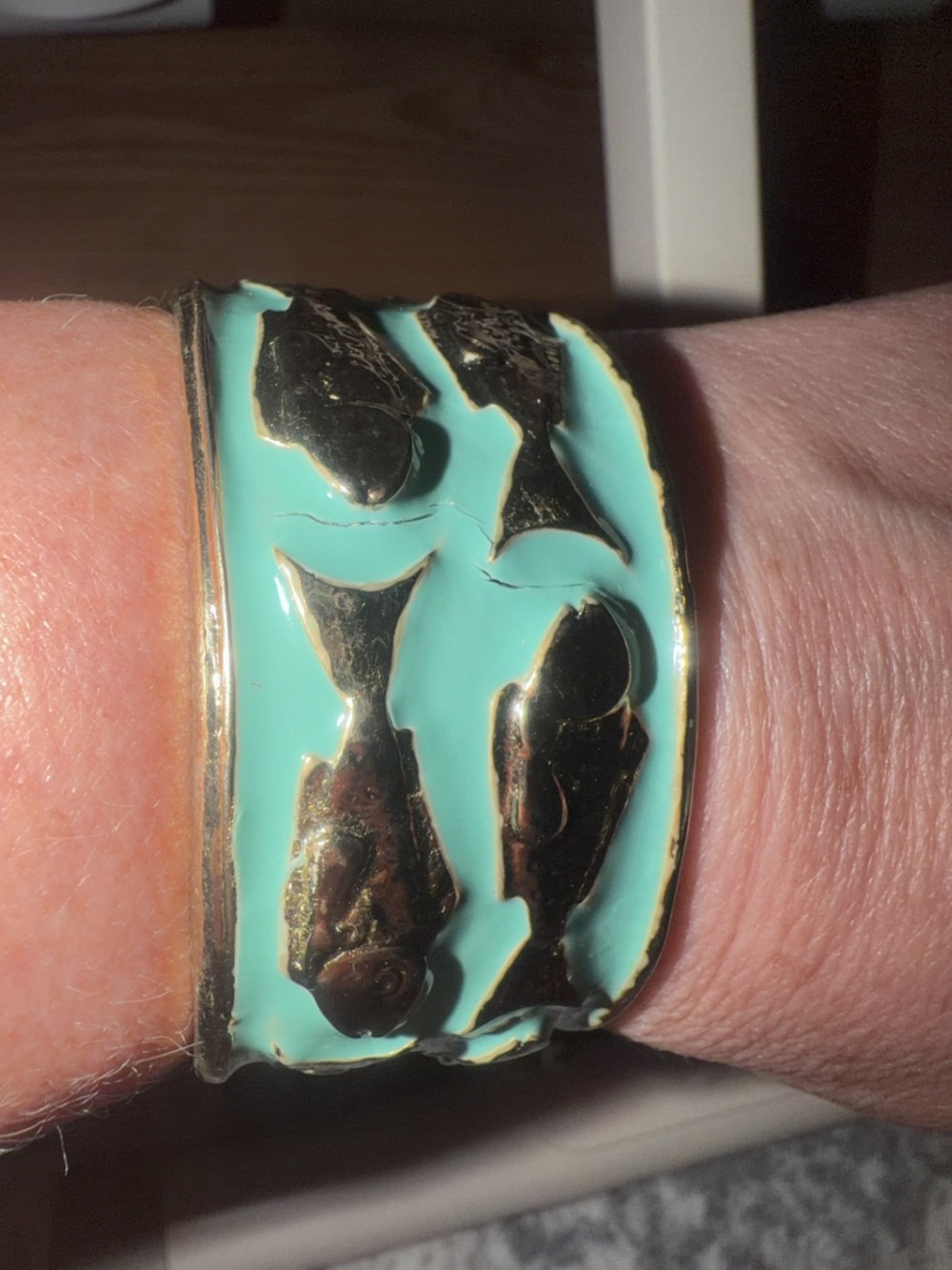 Turquoise Gold Tone Fish Motif Enamel Cuff Bracelet